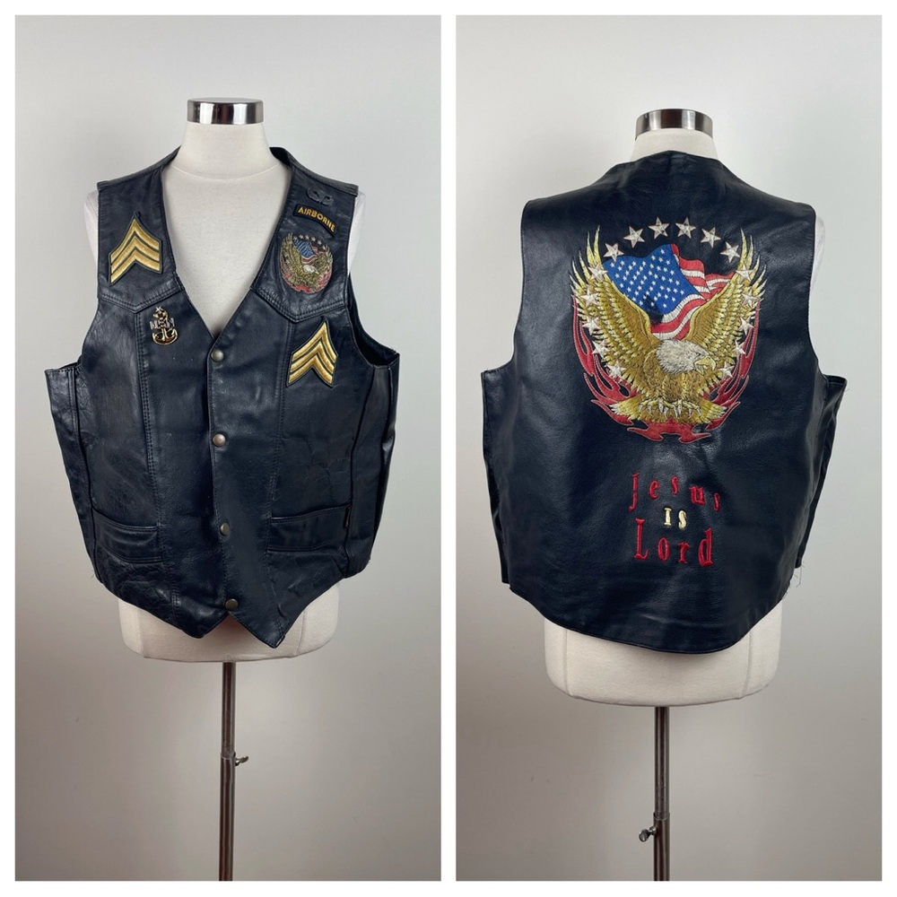 Hot Leathers Black Leather Vest Jesus Is Lord Motorcycle Biker Eagle Men XL